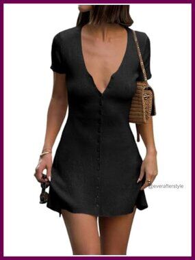 Saodimallsu Womens V Neck Mini Dress Summer Knit Button Up Sweater Dress